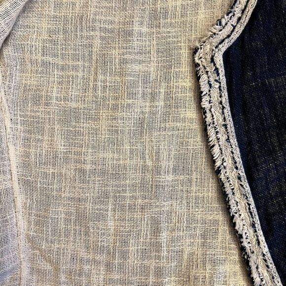 EUC Women's Elie Tahari Navy White Linen Blend Woven Fringe Jacket Size SMALL - Picture 5 of 10